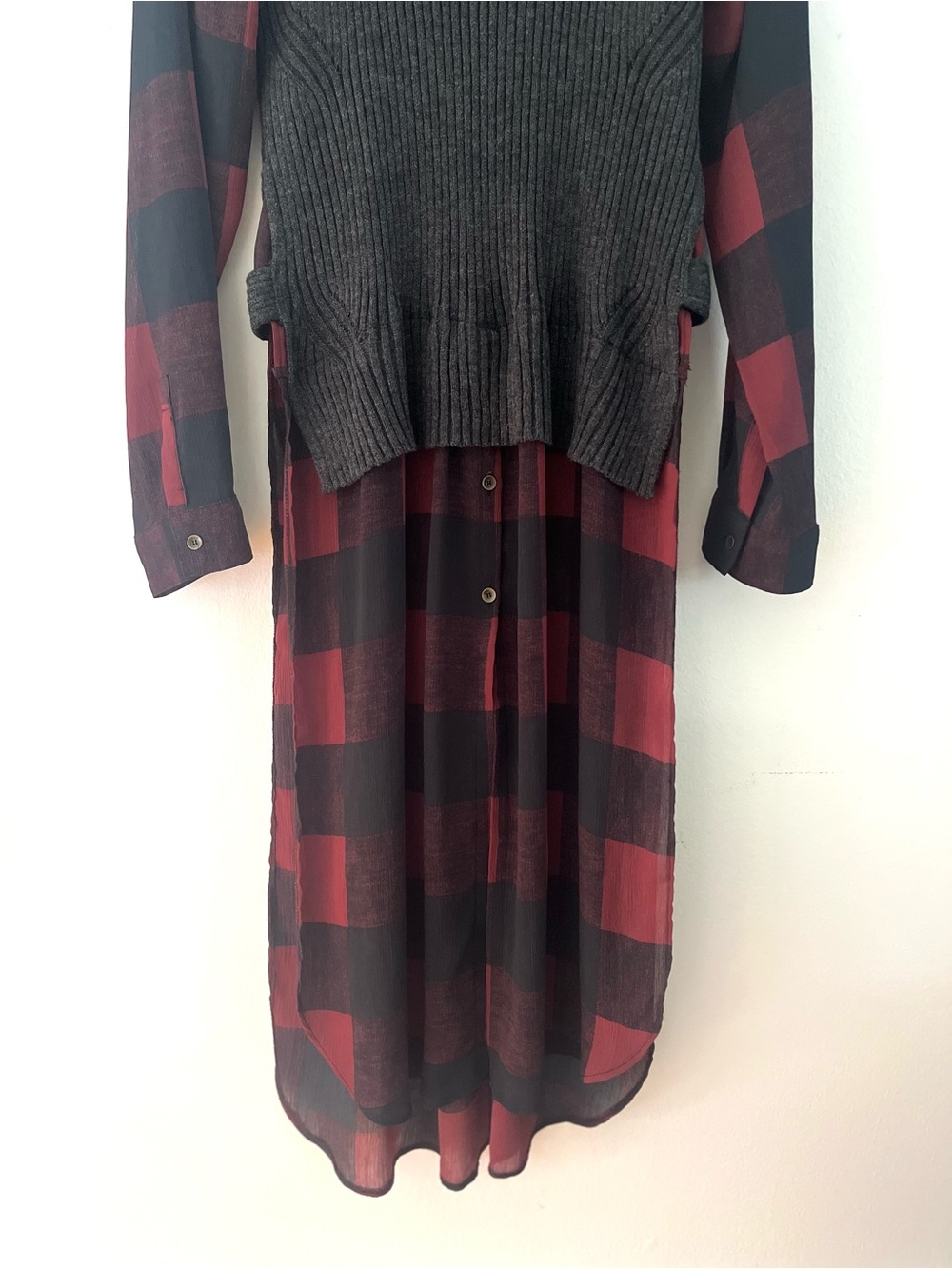 Rock & Republic Dress Sweater Faux Layered Sheer Bottom Buffalo Plaid Size Large - Picture 8 of 10